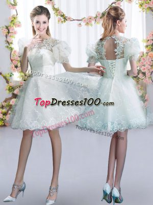 Decent White Short Sleeves Lace Mini Length Wedding Party Dress