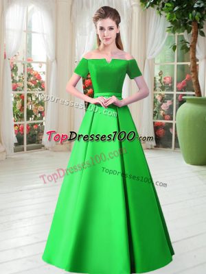 Short Sleeves Floor Length Belt Lace Up Prom Dress with Green