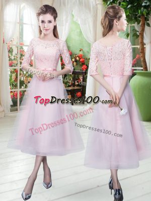 Spectacular Belt Prom Evening Gown Baby Pink Lace Up Half Sleeves Ankle Length