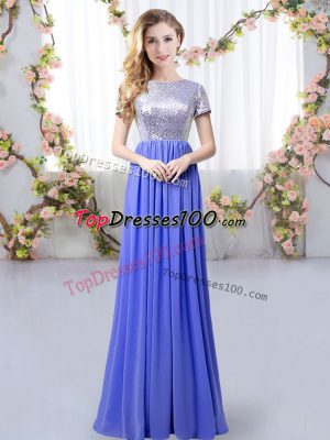 Scoop Short Sleeves Zipper Court Dresses for Sweet 16 Lavender Chiffon