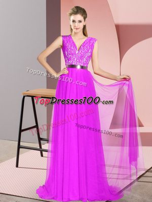 Purple V-neck Neckline Beading and Lace Prom Gown Sleeveless Zipper