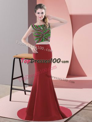 Elegant Sweep Train Two Pieces Prom Party Dress Red Scoop Satin Sleeveless Backless