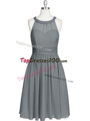 Modern A-line Evening Dress Grey Halter Top Chiffon Sleeveless Knee Length Zipper