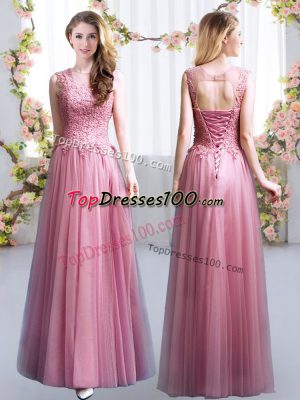 Simple Floor Length Empire Sleeveless Pink Bridesmaids Dress Lace Up