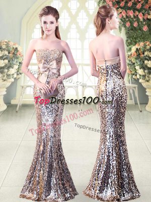 Flirting Silver Mermaid Sequined Strapless Sleeveless Beading and Sequins and Bowknot Floor Length Zipper Prom Party Dress