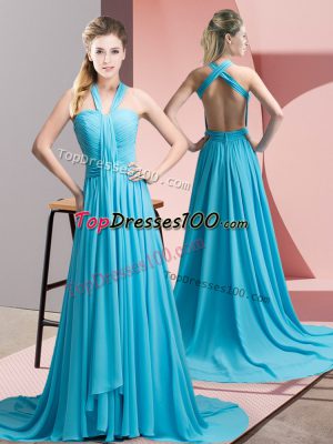 Aqua Blue Halter Top Backless Beading and Ruching Evening Dress Sweep Train Sleeveless