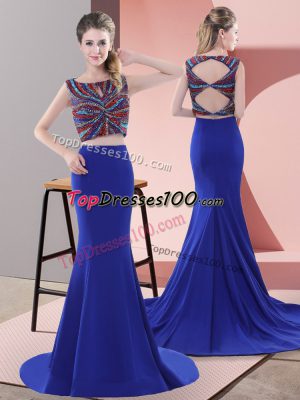 Royal Blue Two Pieces Beading Prom Evening Gown Lace Up Satin Sleeveless
