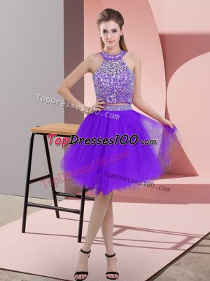 Modern Sleeveless Organza Knee Length Backless Evening Dress in Purple with Beading