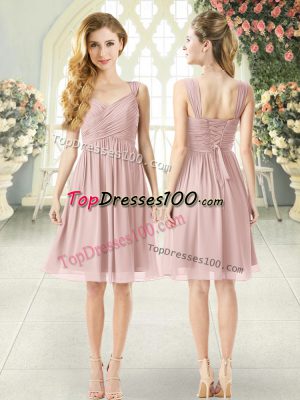 Pink Chiffon Lace Up Straps Sleeveless Knee Length Ruching