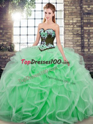 Spectacular Sweetheart Sleeveless Tulle Quinceanera Gown Embroidery and Ruffles Sweep Train Lace Up
