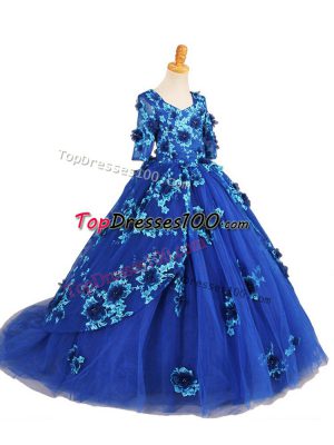 Fashionable Blue Kids Pageant Dress Tulle Brush Train Half Sleeves Beading and Appliques