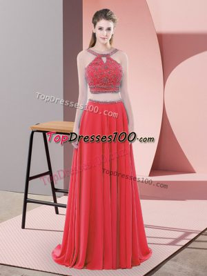 Custom Design Straps Sleeveless Sweep Train Backless Evening Dresses Red Chiffon