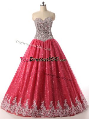Coral Red Lace Up Sweetheart Beading and Appliques 15 Quinceanera Dress Sequined Sleeveless