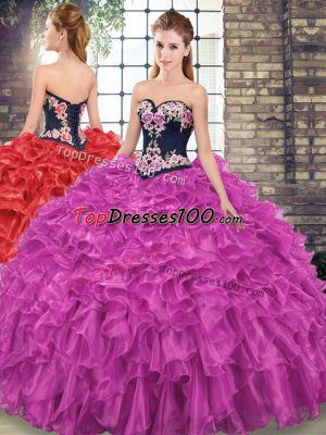 High Class Sleeveless Organza Sweep Train Lace Up Quinceanera Dress in Fuchsia with Embroidery and Ruffles