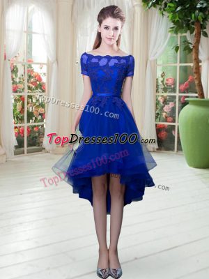 Enchanting Royal Blue Short Sleeves High Low Appliques Lace Up Dress for Prom