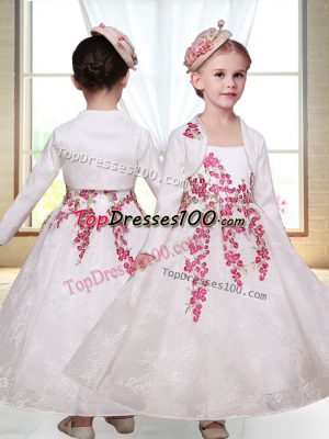 Sleeveless Lace Ankle Length Zipper Toddler Flower Girl Dress in White with Embroidery