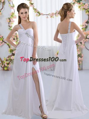 Sleeveless Chiffon Brush Train Lace Up Wedding Guest Dresses in White with Beading