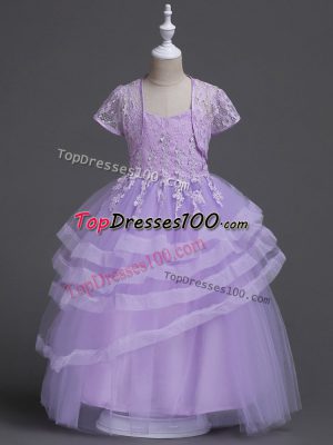 Free and Easy Lavender Ball Gowns Appliques and Ruffled Layers Flower Girl Dresses Zipper Tulle Sleeveless Floor Length