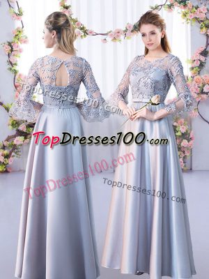 Customized Scoop 3 4 Length Sleeve Bridesmaid Dresses Floor Length Lace Silver Satin