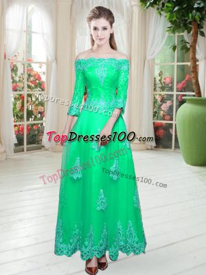 Designer Turquoise A-line Lace Prom Evening Gown Lace Up Tulle 3 4 Length Sleeve Floor Length