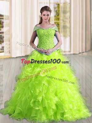 Sweet Yellow Green A-line Off The Shoulder Sleeveless Organza Sweep Train Lace Up Beading and Lace and Ruffles Sweet 16 Quinceanera Dress