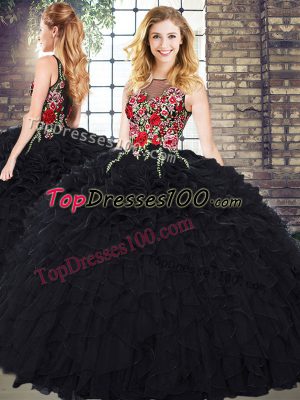 Hot Selling Organza Scoop Sleeveless Zipper Embroidery and Ruffles Quinceanera Gowns in Black