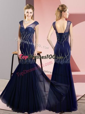 Floor Length Mermaid Sleeveless Navy Blue Dress for Prom Lace Up