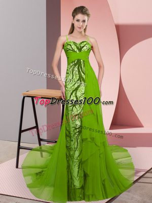 Beauteous Tulle Spaghetti Straps Sleeveless Sweep Train Zipper Beading and Lace Prom Gown in Green
