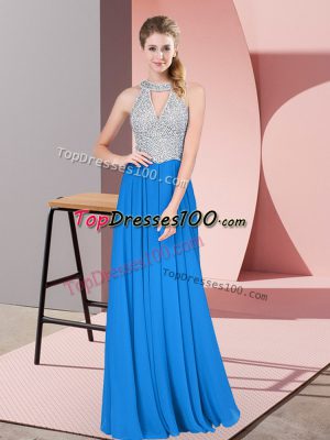 Edgy Blue Empire Chiffon High-neck Sleeveless Beading Floor Length Zipper Juniors Evening Dress