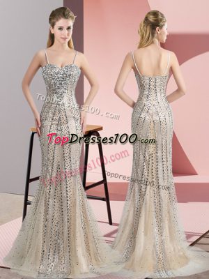 Champagne Spaghetti Straps Zipper Beading Prom Dress Sweep Train Sleeveless