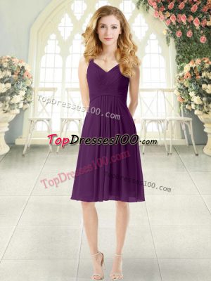 Elegant Purple Zipper Prom Gown Ruching Sleeveless Knee Length