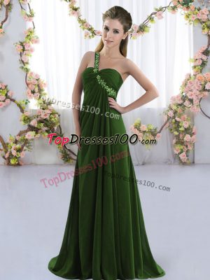 Delicate Olive Green Lace Up One Shoulder Beading Wedding Party Dress Chiffon Sleeveless Brush Train