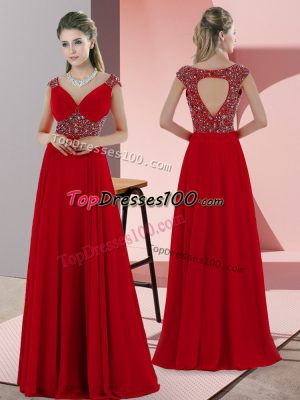 Red Satin Lace Up Prom Dress Sleeveless Sweep Train Beading