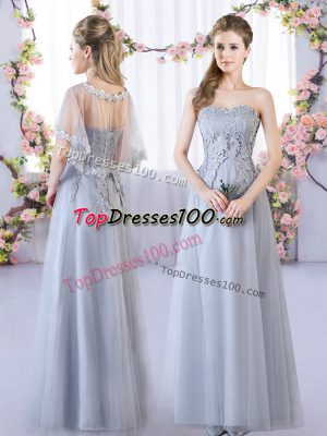 Smart Floor Length Lace Up Bridesmaid Gown Grey for Prom and Party and Wedding Party with Lace