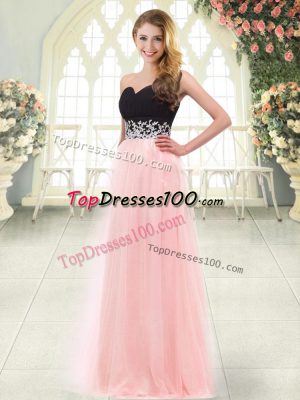 Luxury Sweetheart Sleeveless Evening Dress Floor Length Appliques Baby Pink Tulle
