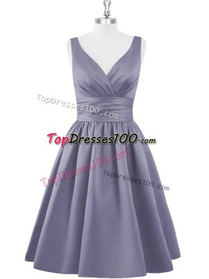 Knee Length Grey Prom Dress Satin Sleeveless Ruching