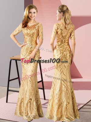 Excellent Gold Half Sleeves Floor Length Sequins Zipper Evening Party Dresses