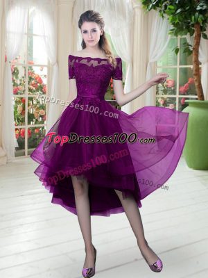 Purple A-line Off The Shoulder Short Sleeves Tulle High Low Lace Up Lace Prom Evening Gown