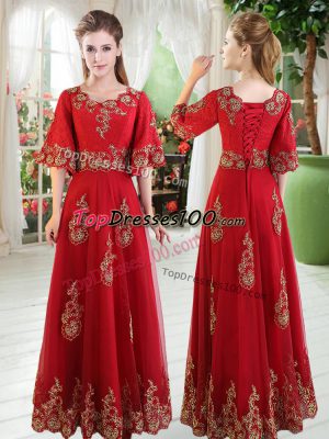 Half Sleeves Lace Up Floor Length Lace