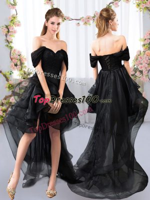 Black Off The Shoulder Neckline Lace and Ruffled Layers Quinceanera Dama Dress Short Sleeves Lace Up