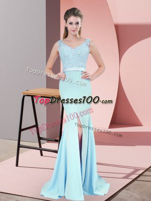 Charming Beading and Lace Prom Party Dress Blue Zipper Sleeveless Sweep Train