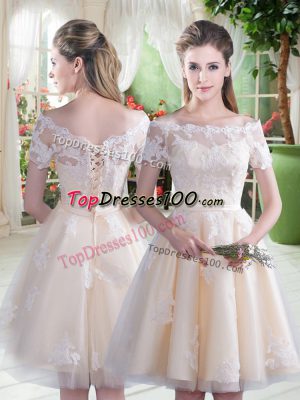 Tulle Short Sleeves Knee Length Prom Evening Gown and Lace
