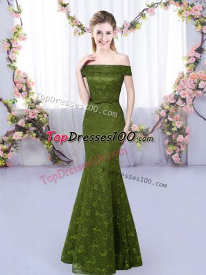 Classical Mermaid Vestidos de Damas Olive Green Off The Shoulder Sleeveless Floor Length Lace Up