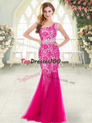 Hot Pink Sleeveless Tulle Zipper Evening Dress for Prom and Party
