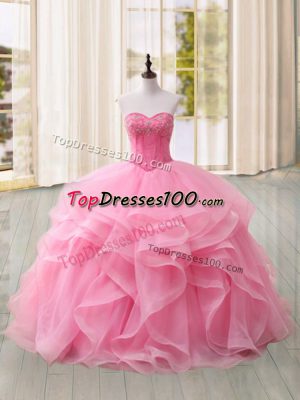 Pink Ball Gowns Tulle Sweetheart Sleeveless Beading and Ruffles Lace Up Quinceanera Gown Sweep Train