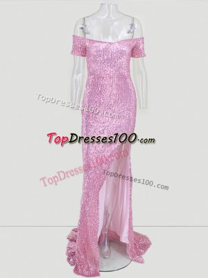 Superior Pink Zipper Evening Outfits Sequins Short Sleeves Sweep Train