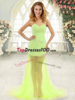 Clearance Column/Sheath Sleeveless Yellow Green Prom Dress Brush Train Zipper