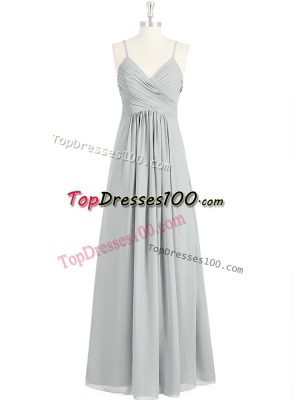 Sleeveless Chiffon Floor Length Backless Prom Gown in Grey with Ruching