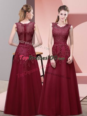 Suitable Burgundy Zipper Prom Gown Lace and Appliques and Belt Sleeveless Floor Length