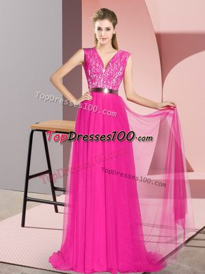 Customized Fuchsia Prom Dresses Tulle Sweep Train Sleeveless Beading and Lace and Belt